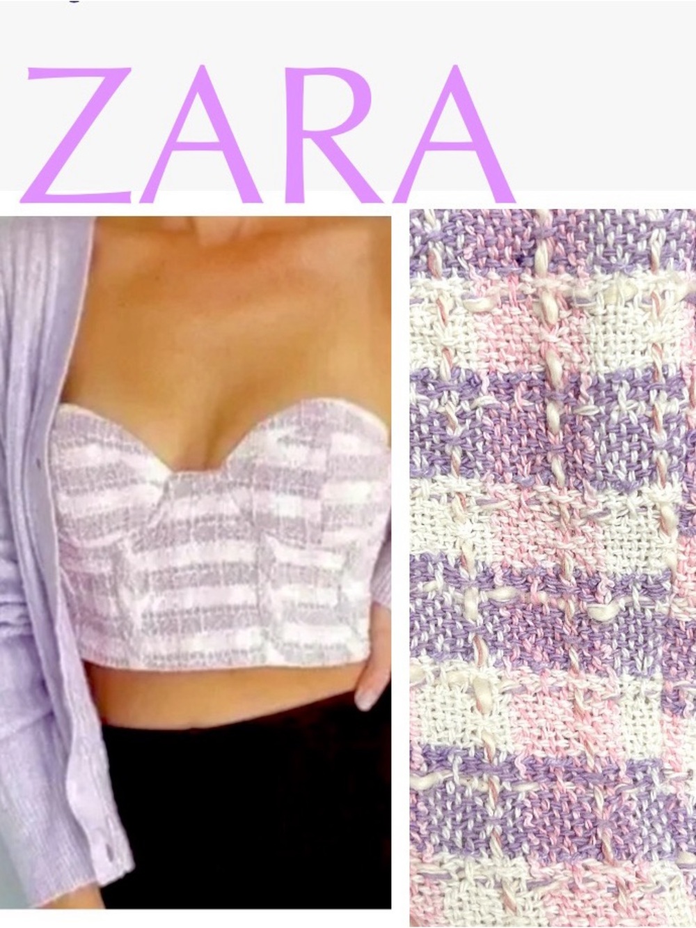 Zara Plaid Tweed cropped bustier cream pink purple size S